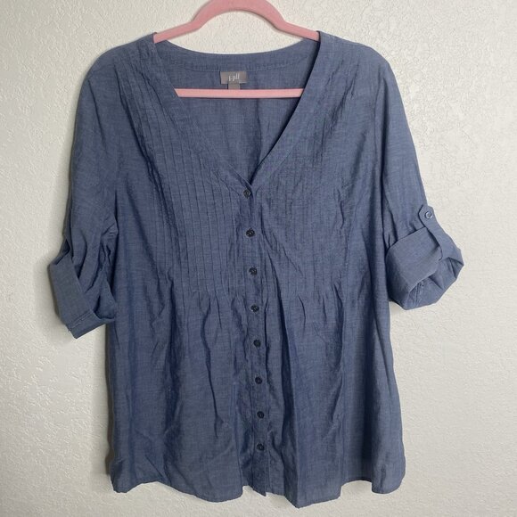 J. Jill Tops - J Jill Chambray Tunic Top Womens L Blue Cotton Button Up Roll Tab Sleeves
